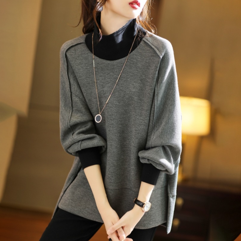 【韓国の人気爆発】 一枚で視線を奪う フェミニン 混色 ハイネック 防寒 切り替え パーカー レディース