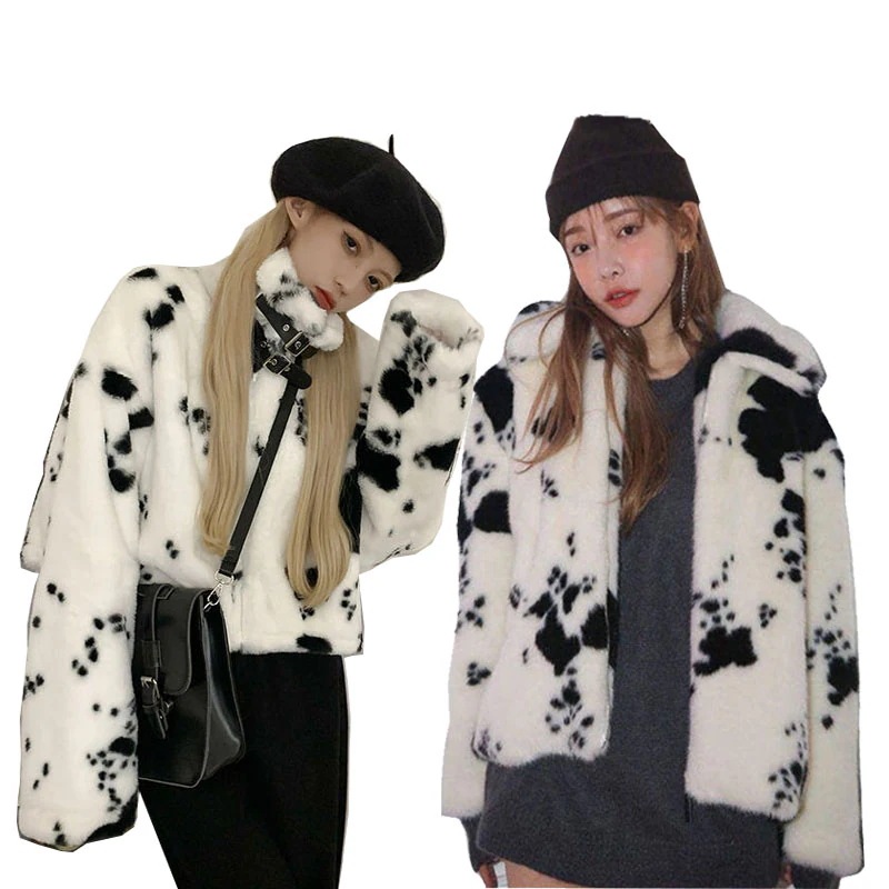 ダルメシアン柄　アニマル柄　ファージャケット　ボアジャケット　ファーコート オーバーサイズ 防寒 アウター 暖かい 韓国ファッション