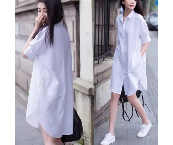 レディース ワンピース シャツワンピ 膝丈 ミドル丈 半袖 襟付き ポロカラー ポケット 前開き ボタン シンプル カジュアル レトロ ラフ ルーズ クール ナチュラル 清潔感 リラックス シック