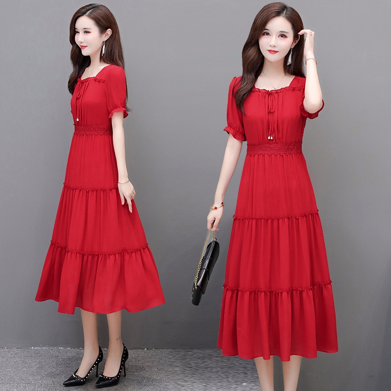 スカート夏長い半袖シフォンドレス ワンピース ミモレ丈 ロング 半袖 スクエアネック シフォン ウエストマーク ハイウエスト かわいい 大人可愛い きれいめ シンプル カジュアル 大人 上品 お洒落