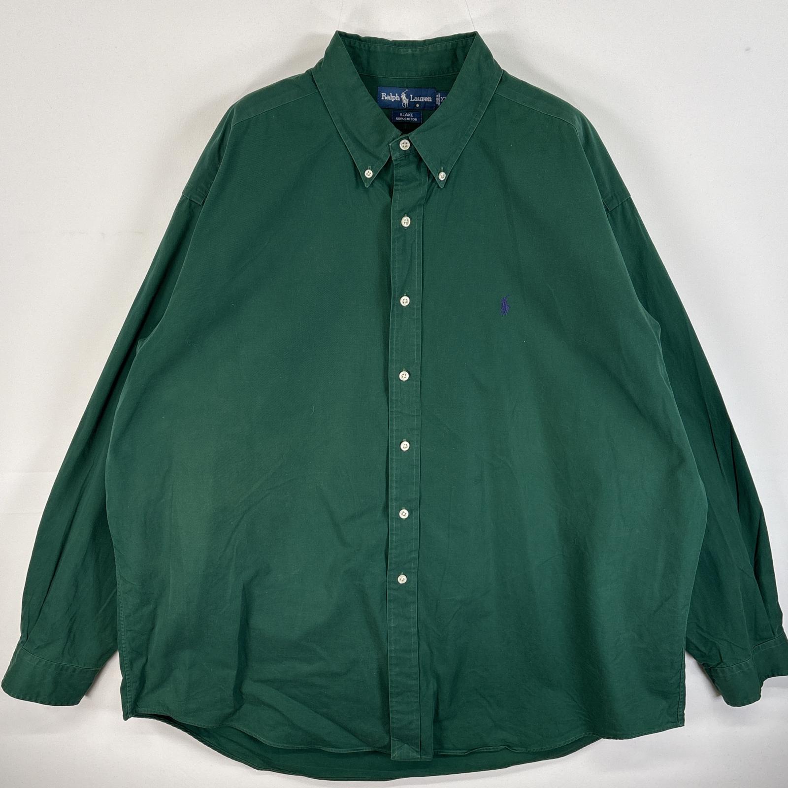 古着 90s/90年代 長袖シャツ ワンポイント ロゴ 刺繍 大きいサイズ ボタンダウンシャツ XXL グリーン 無地 メンズ