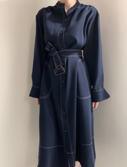 【取寄：納期2週間】シャツワンピース レディース スタンドカラー ロング丈 デニムワンピース ステッチ ウエストリボン 長袖 大人 上品 エレガント カジュアル 韓国 通勤 きれいめ 秋冬 無地
