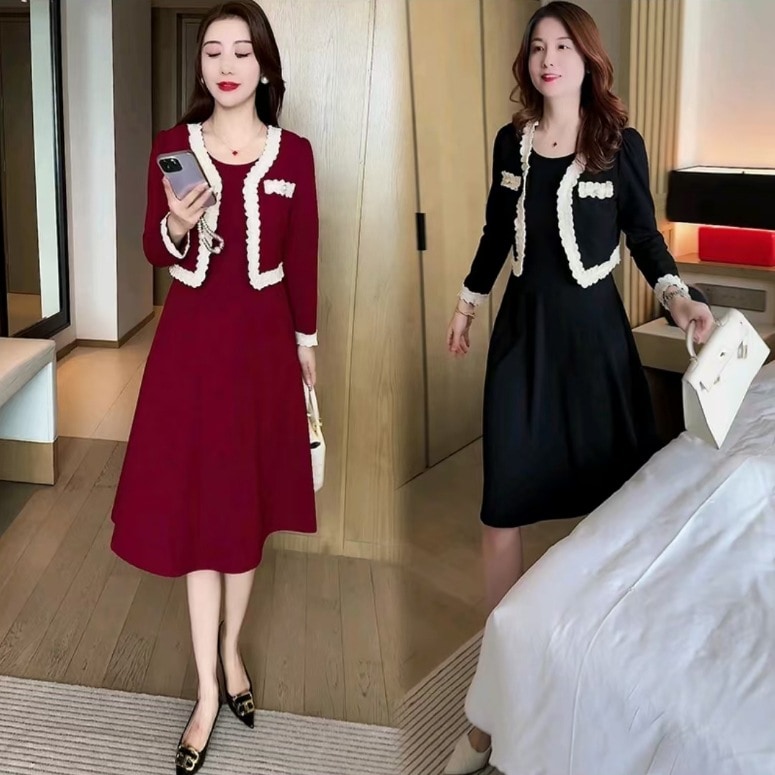 秋スーツワンピース女性洋気小柄ショートコートベストワンピース2点セット