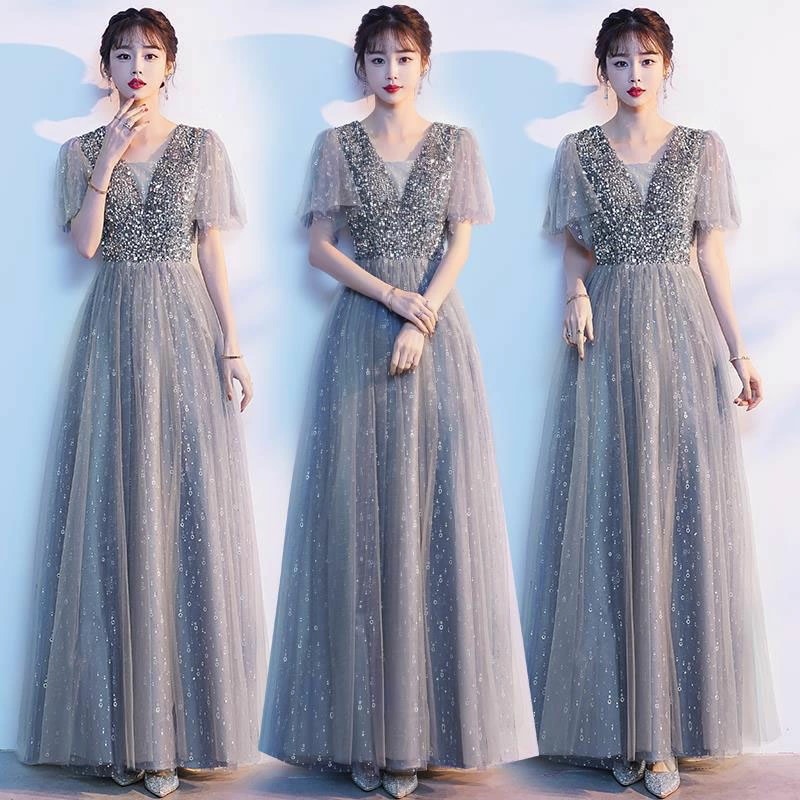 6月の新製品利用可能なポイント カラードレス ロングドレス 演奏会ドレス グレー ベルスリーブ 発表会 コンサート コンクール 舞台ドレス コーラス 合唱衣装 大人 ステージドレス 大きいサイズ ウ