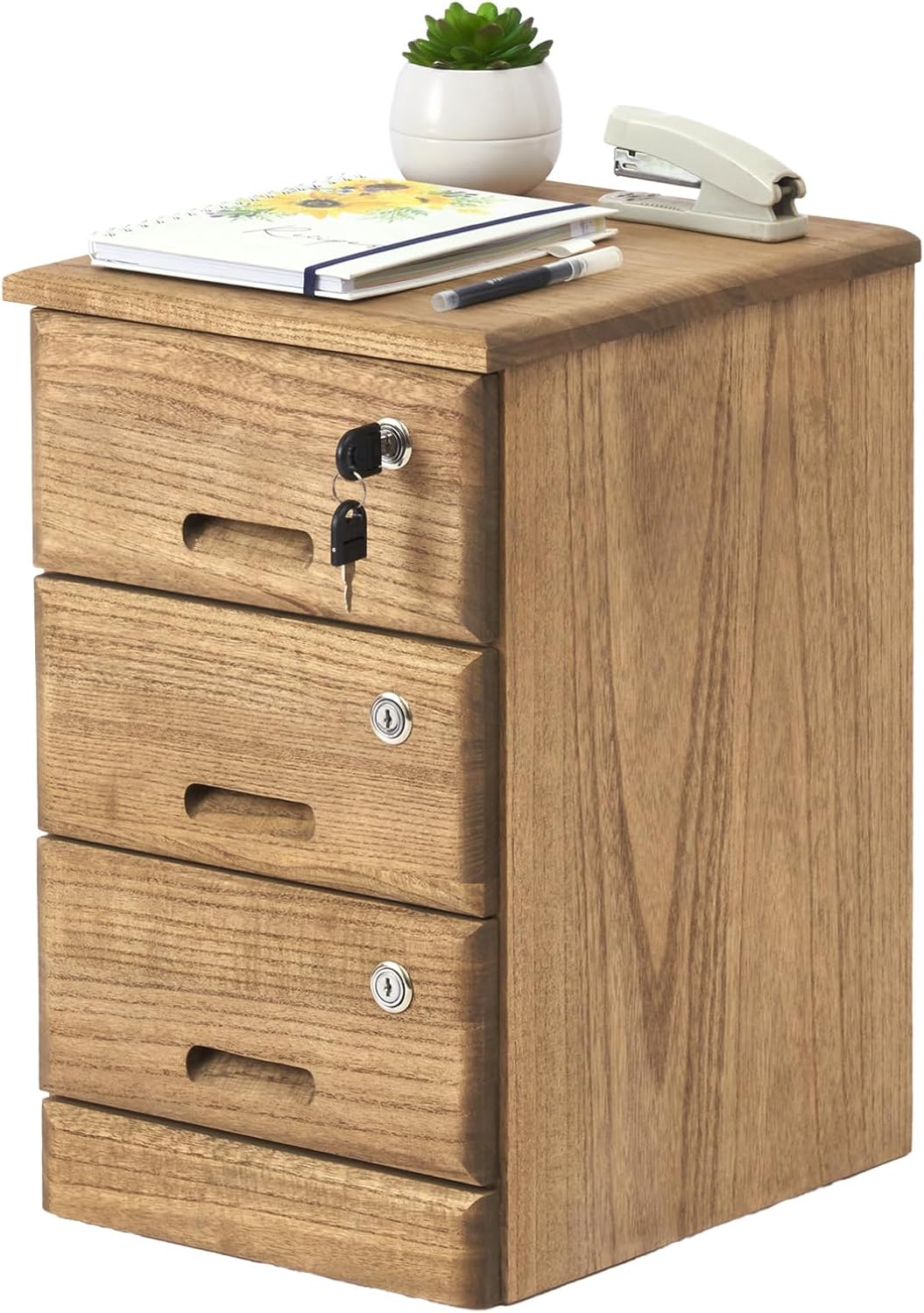 KIRIGEN 天然木 キャビネット 完成品 オフィス 袖机 3段 チェスト デスクワゴン 全段鍵付 キャスター付き A4紙対応 植物オイル塗装仕上げ ブラウン TQ-A43-DBR