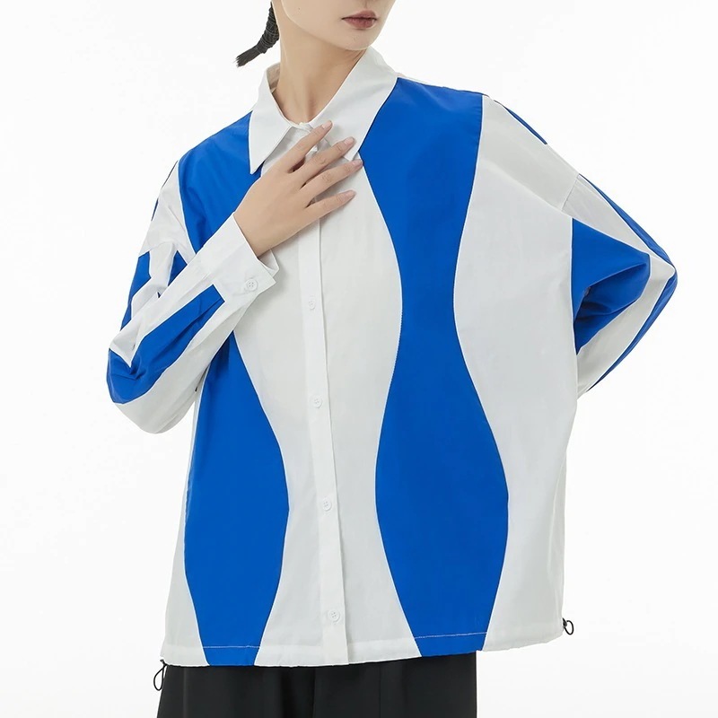 韓国コントラストカラー切り替え長袖シャツレディース2024春の薄い個性的長袖ブラウストップス