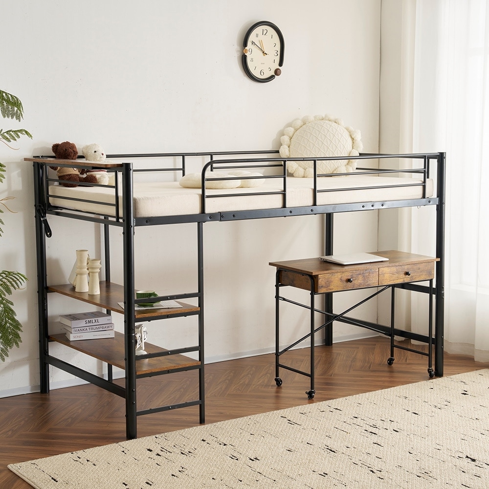 【国内即日発送】高さ130 cmパイプベッドロフトベッドロータイプシングル剧场版納スチール耐震ベッドシングルパイプベッドパイプ剧场版納付きラック付き【デスクなし】