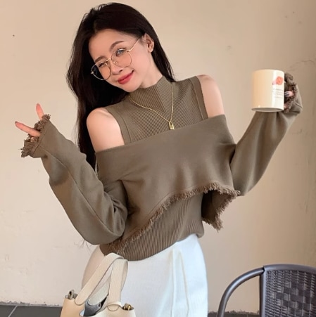 トップス 個性的 モテアイテム 大人可愛い 2点セット ノースリーブ 長袖 ハイネック オフショルダー オフショル リブ かわいい 大人可愛い きれいめ シンプル カジュアル 大人 上品 おしゃれ
