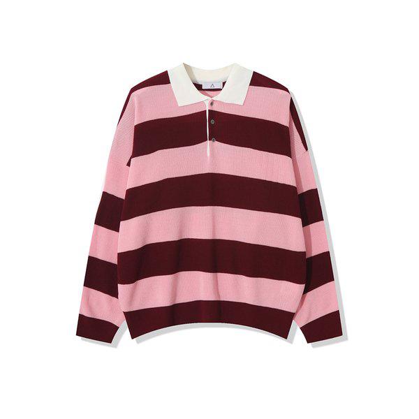 メンズ秋配色ボーダーカラーネック長袖ニットTシャツ AC-KN-Q61-ピンク