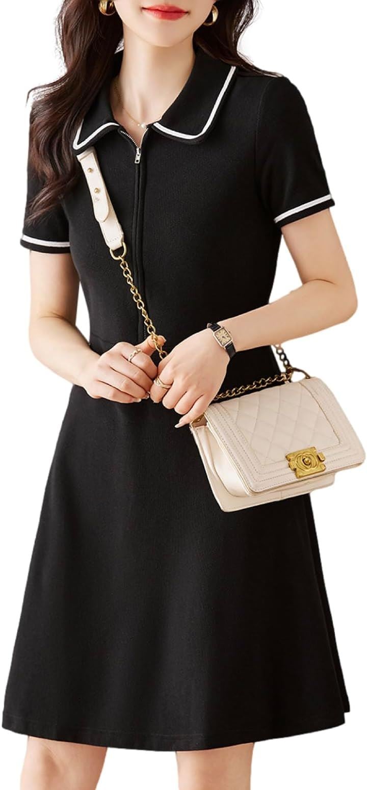 ポロシャツ ワンピース ハーフジップ カノコ 半袖 膝上 丈 春 夏 秋 レディース( ブラック, 2XL)