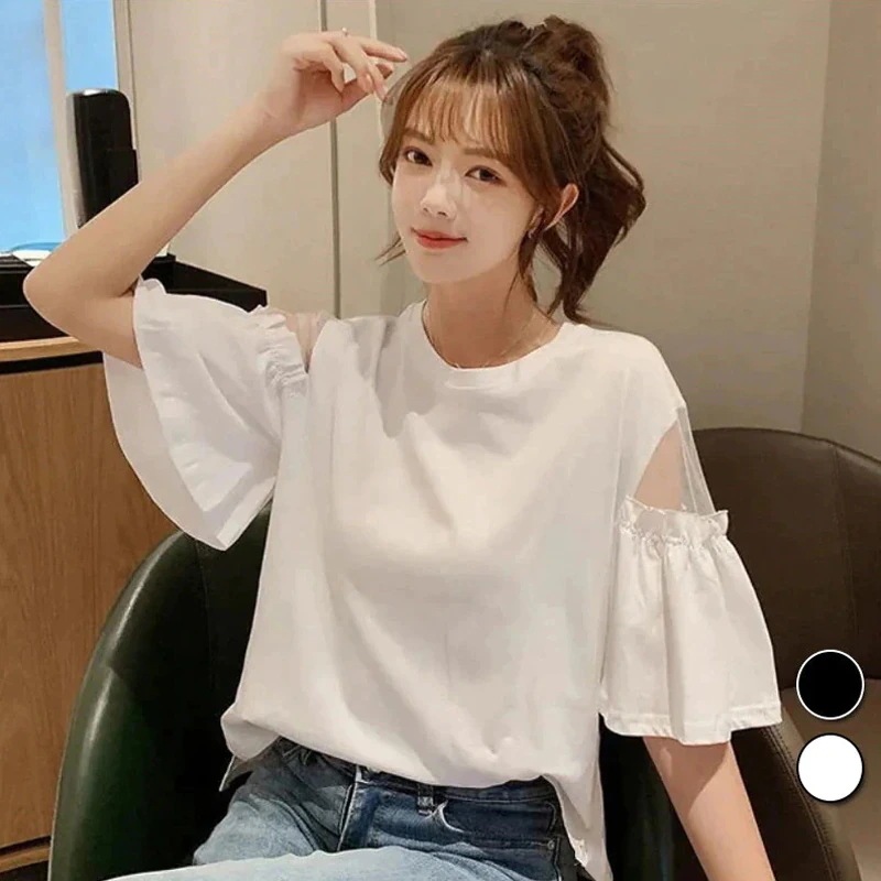 【20点セット】２件購入でさらに５０円FF新作 フレア袖ブラウス Tシャツ 可爱い ゆったりしたTシャツ レディース Tシャツ