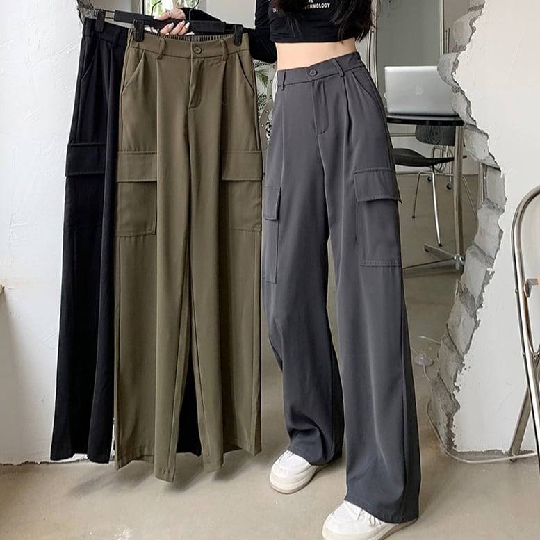 3color レディース サイドポケットワイドパンツ カーゴパンツ ロングスラックス パンツ ボトムス ロングパンツ ワイドパンツ ポケット付き ウエストゴム フルレングス タックパンツ ハイウエスト