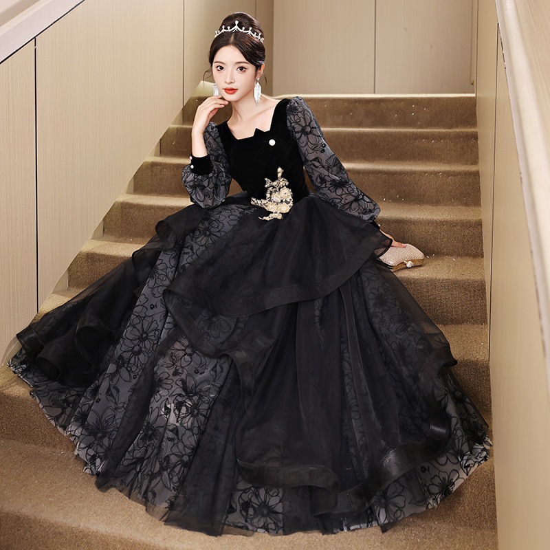 女性のための黒のイブニングドレス2024宴会秋冬芸術試験ドレスホストドレスドレス夏