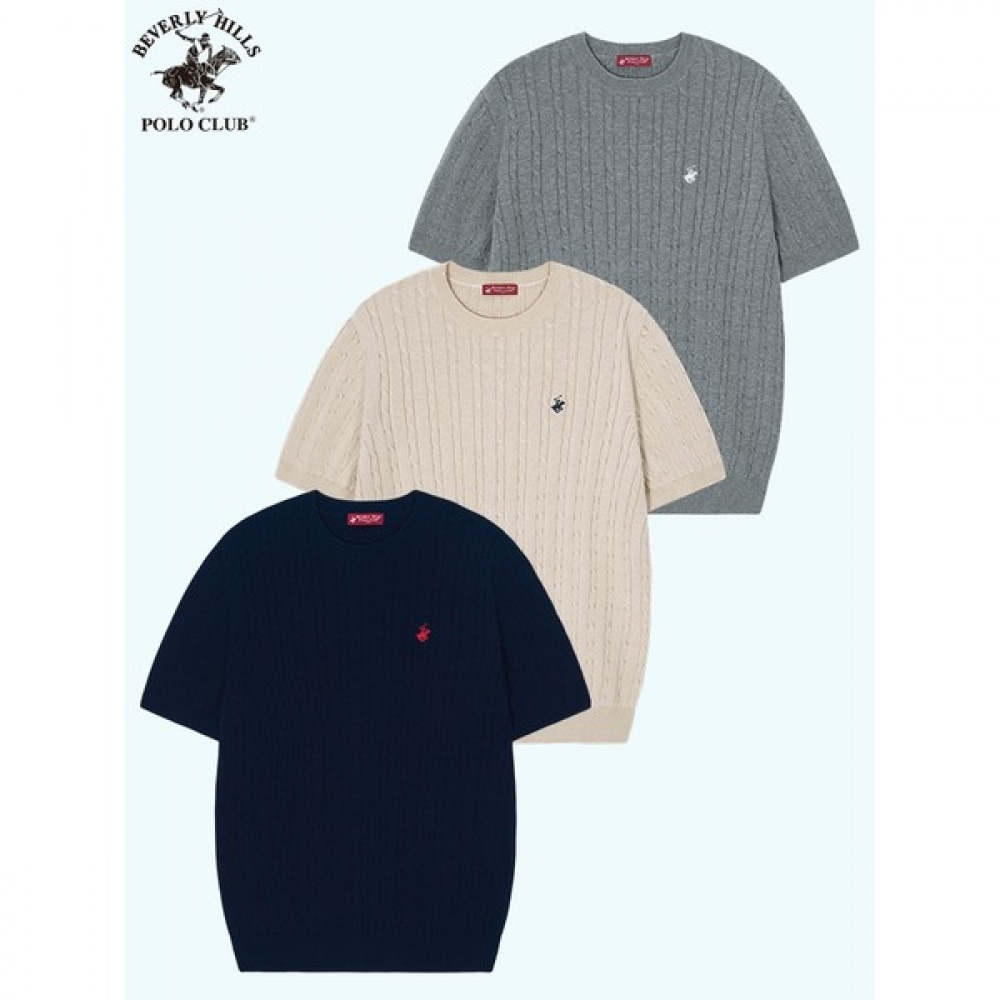 [ビバリーヒルズポロクラブ] ユニセックス刺繍ロゴケーブルプレッツェルラウンドネック半袖ニット（3色）