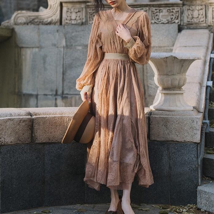 セットアップ 2点セット レース ブラウス トップス スカート ロング丈 長袖 シアー おしゃれ 大人 可愛い きれいめ カジュアル 透け感 フェミニン エレガント ウエストゴム ワンピース風 春 秋
