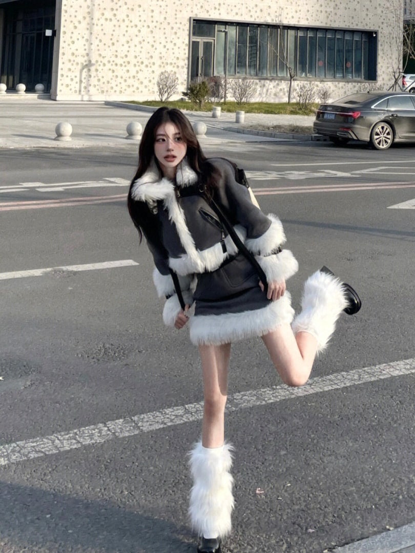 1色FREE韓国温かくてもちもちとしたインナー複合ヒツジカットパイル毛皮一体スエードライダードスー