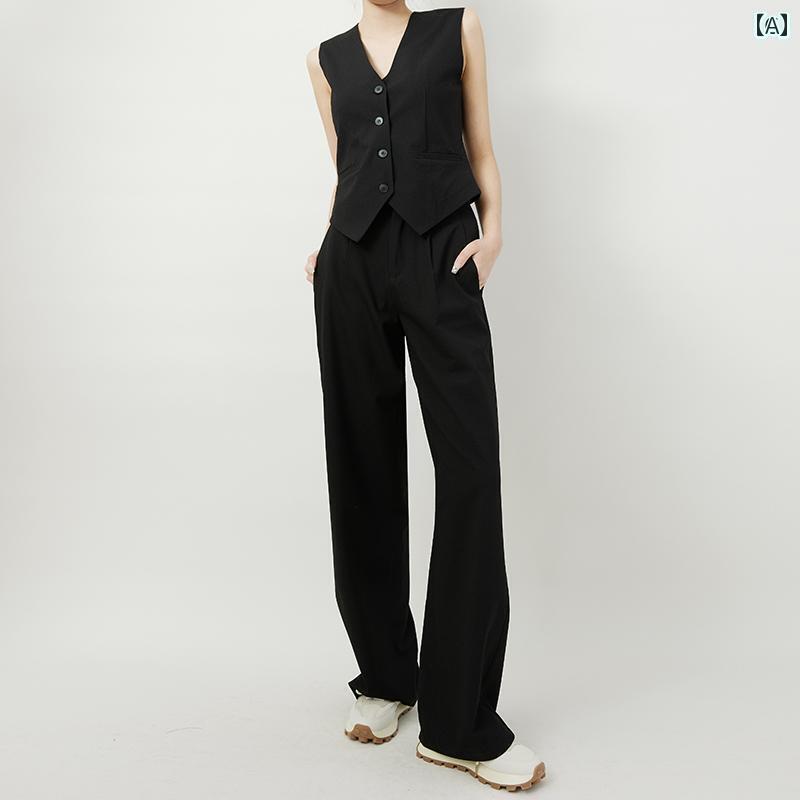 レディース　カジュアル　パンツ 荘 州 2025 春夏 ハイウエスト ストレート ナロー ワイド レッグ パンツ ブラック ドレープ モップ 丈 スーツ レディース カジュアル