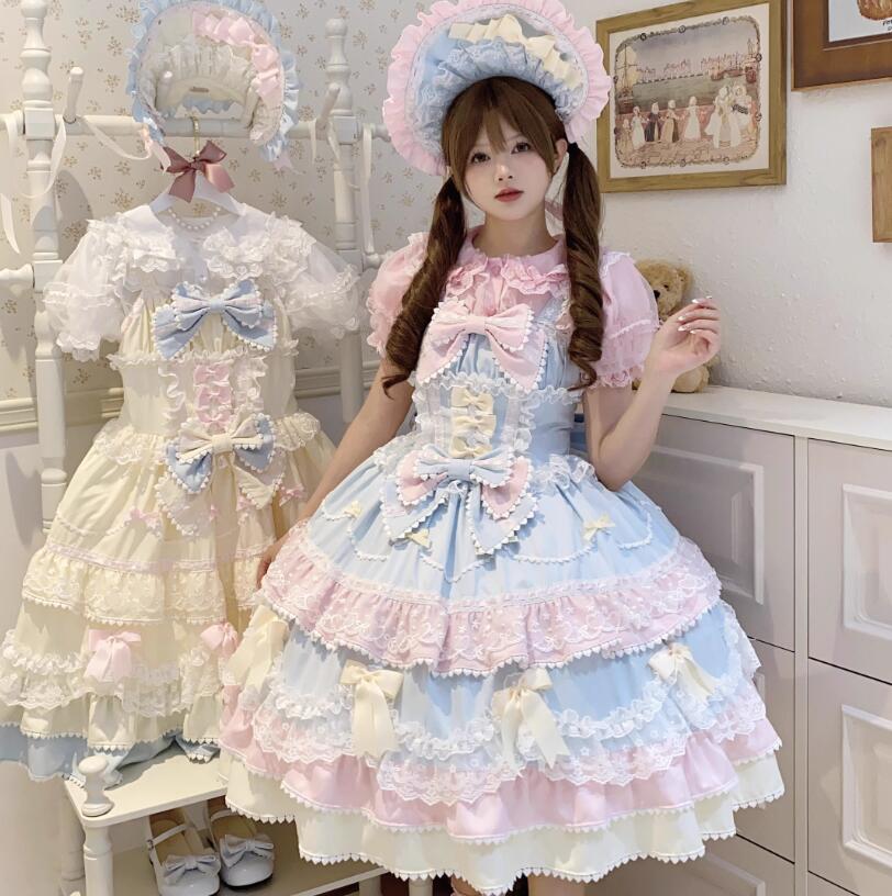 ロリータワンピース 甘ロリ豪華なフリルやレースLolitaドレス　可愛いキャミソールjskドレス　ティアードスカート重ね重ね　お姫様ロリィタ服　森ガール　lolita dress　ロマンティックな洋服