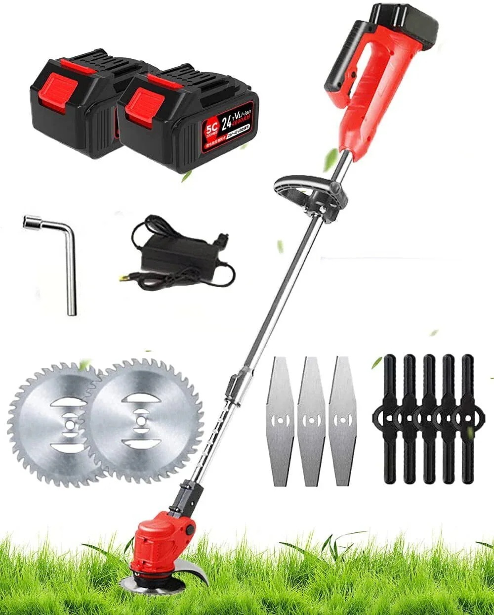 芝刈り機 24V電動草刈機コードレスバッテリー2セクション芝刈り機グラススクレーパー雑草低木調節可能