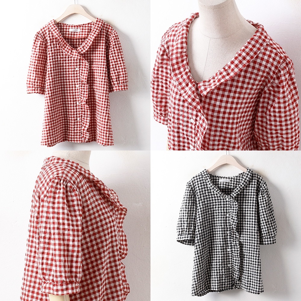 韓国ファッション大きいサイズBAシャーリングチェックブラウス（2807H807）ビッグ女性服ロングルーズフィット korea fashion bigsize