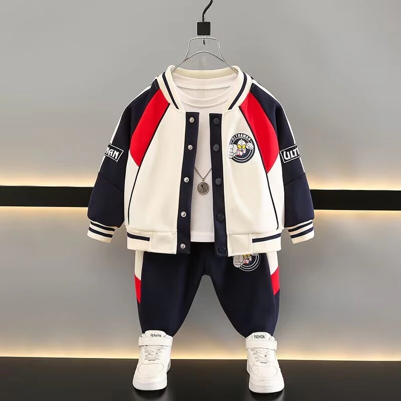 新しい ウルトラマンの服男の子の秋服野球服セット秋冬の新型洋風赤ちゃんコート長ズボン2枚セット