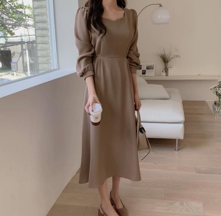 ワンピース リボン ロングスカート ロング丈 スクエアネック 長袖 ルーズ 韓国 レディース かわいい 可愛い キュート 大人可愛い 大人女子 シンプル きれいめ カジュアル 大人 気品