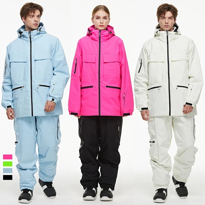 スノーボードウェア 上下セット スノボ セットアップ スキーウェア スノボウェア レディース メンズ スノボー スキー スノーボード 前開きジャケット ロングパンツ ボトムス 無地 海外通販