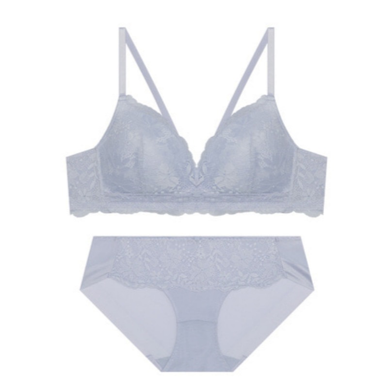 レース ソフトフィット ノーワイヤー ブラレット パンツ セット - ブルーグレー 75C 90