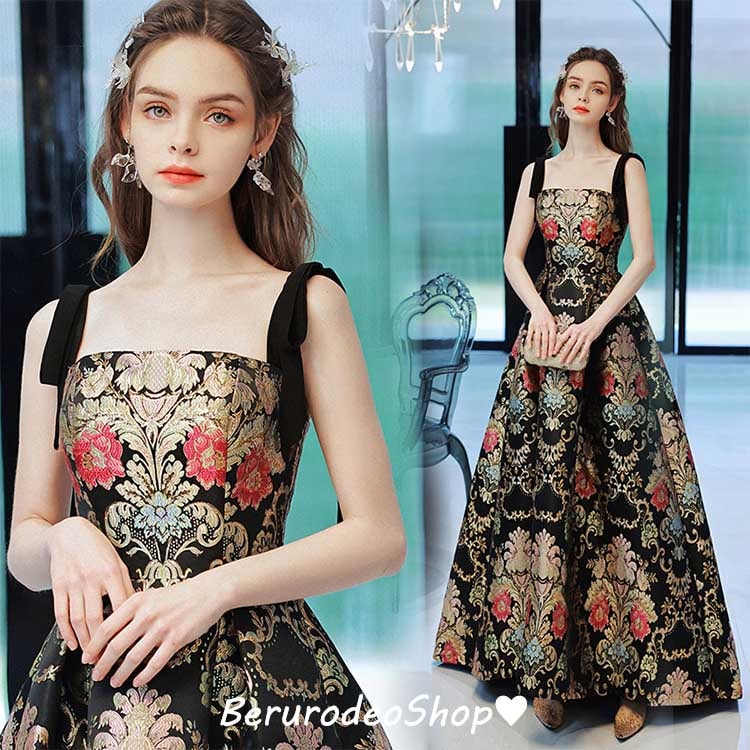 おすすめ品イブニングドレス 黒 刺繍 キレイめ キャミドレス ブラック ロングドレス 発表会ドレス パーティードレス 結婚式ドレス 二次会ドレス エンパイアドレス Aライン ドレス XS S M L