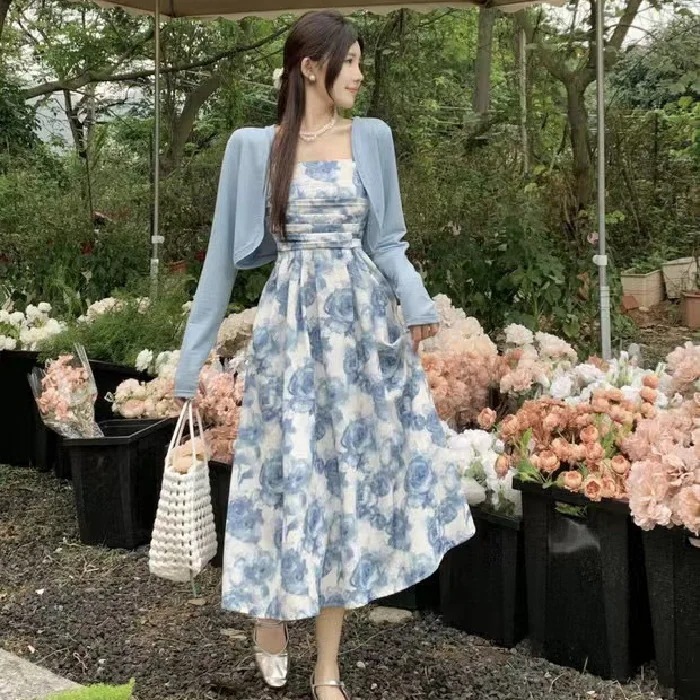 休暇スタイル日焼け止め隠された肉気質スーツスカート23スリング花柄ハイウエストドレス2点セット