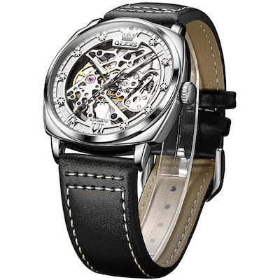 OLEVS うで時計 メンズ 自動巻き腕時計 樽型 人気 スケルトン 防水 中空 夜光 レザー 革ベルト おしゃれ かっこいい 白/シルバー