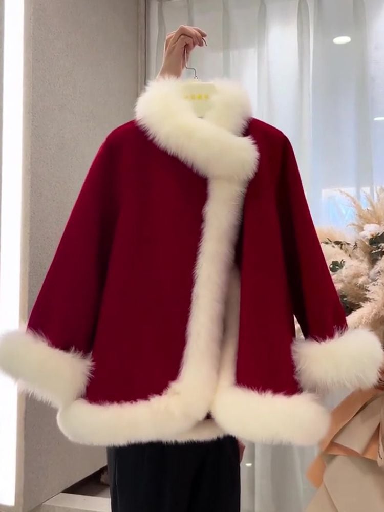 2025 デザイン ニッチ マント ケープ 呢大衣 秋冬 クリスマス 赤 新年 コート 名媛风 トップス 韓国ファッション