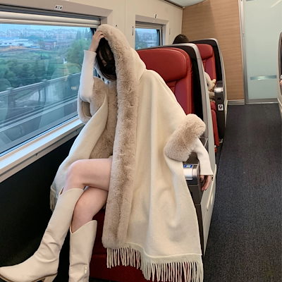 アウター フェイクファー ポンチョ フリンジ ケープ フード付き 厚手 もこもこ ふわふわ-59 Qoo10] ふわふわ もこもこ 厚手 フード付き ケ