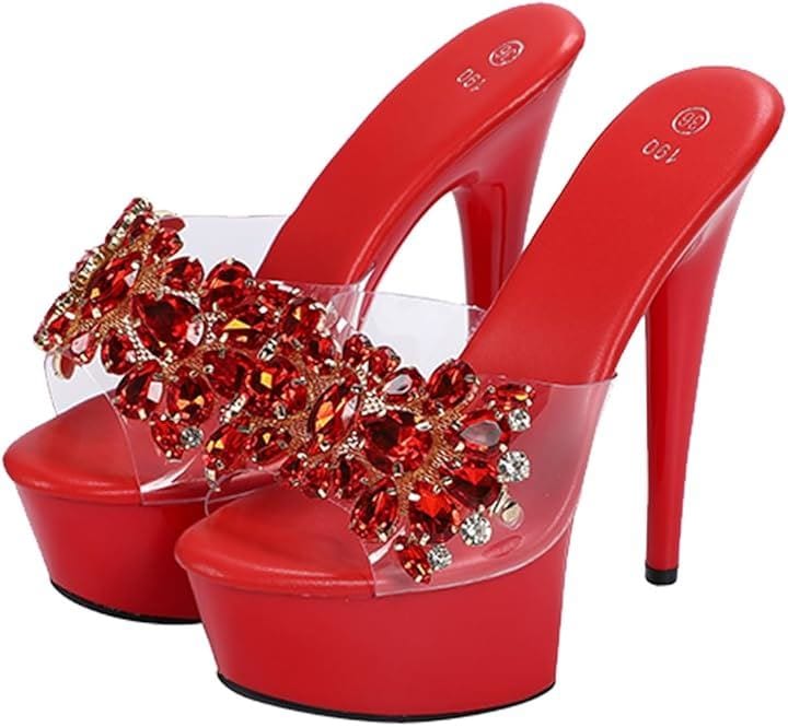 レディース ミュール パンプス 厚底 キラキラ ラインストーン 17cm サンダル キャバヒール おしゃれ 日本の靴のサイズ寸法 大人 数値 24.0(レッド, 24.0 cm)