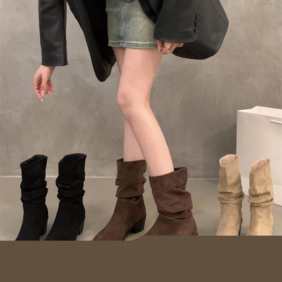 ショートブーツ カジュアル 春ブーツ ショート ブーツ ぺたんこ ヒール 太ヒール ルーズ くしゅくしゅ スリッポン レディースシューズ 秋 冬 アンクルブーツ