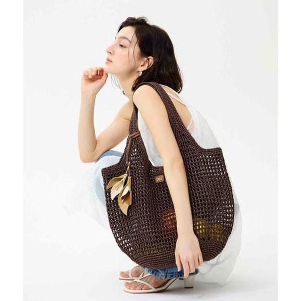 DCBA6E590W3 [MISTY FLOWER RAFFIA] ブラウン ラフィア 꼬임 メッシュ ショルダーバッグ L