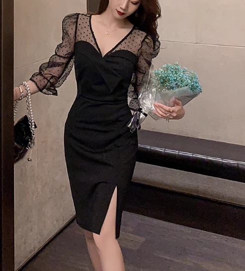 レディース ワンピース ドレス パーティードレス 長袖 Vネック スリム 細身 ストレート 透け感 シースルー かわいい 大人可愛い きれいめ カジュアル 上品 おしゃれ ガーリー ルーズ ラブリー
