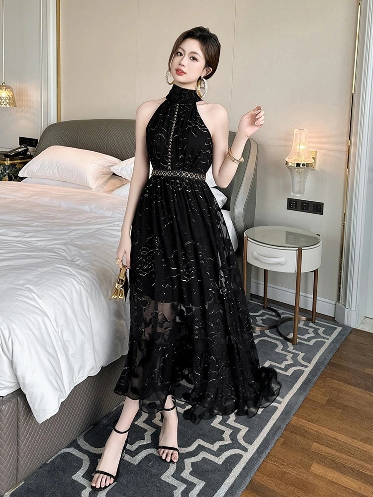 2024夏新品 ホルダーネック ノースリーブ シフォンワンピース ドレス パーティー キャバ 大人 同窓会 披露宴 卒業式 結婚式 演奏会 ウェディング 二次会 メガ割30%までに制限