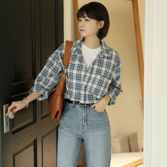 [韓国ファッション] 女性用襟ゆったりフィットチェックシャツ