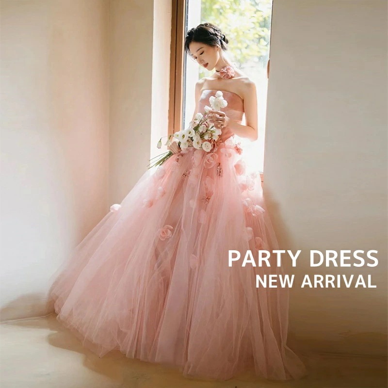 高品質大割引レディースドレス ピンク 成人式 礼服 スウィート ロングドレス チュールスカート エレガント 上品 きれいめ 音楽会 演奏会 結婚式 ウェディングドレス イブニングドレス 忘年会 誕生日