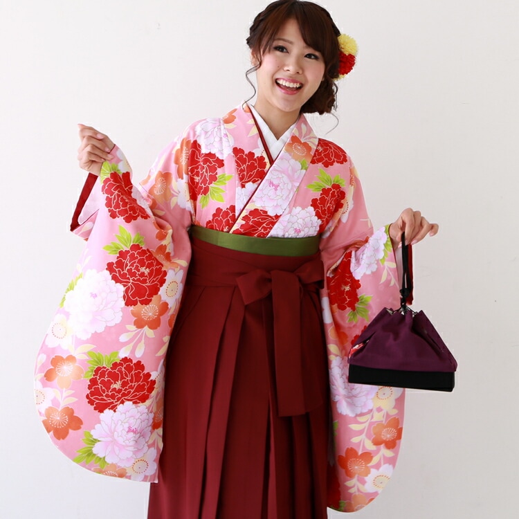 レンタル卒業式 袴 レンタル 女 袴セット 女 卒業式袴セット2尺袖着物＆袴 フルセットレンタル 安い ピンク地に赤白の牡丹とオレンジの桜 レトロ 大正ロマンハカマ はかま rental