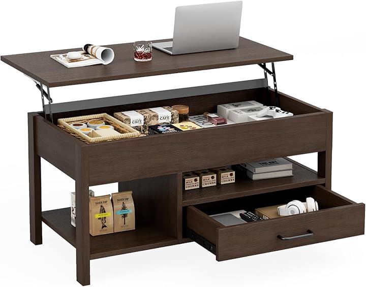 ローテーブル 昇降式 木製 コーヒーテーブル 引き出し付き 収納付き センターテーブル 大容量収納リビングテーブル 高さ調整リフティングテーブル (ブラウン, 幅90x奥行45)
