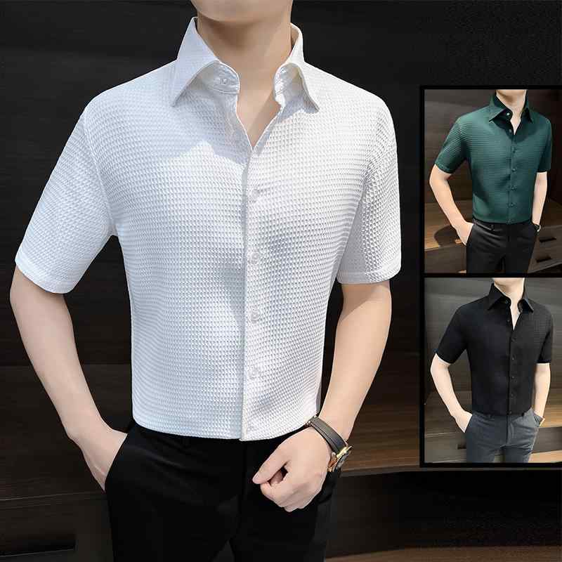 シャツ トップス メンズ おしゃれ スタイリッシュ 紳士 ワッフル 半袖 ハイエンド ビジネス スリム 夏 チェック柄 ポリエステル 大きいサイズ カジュアル