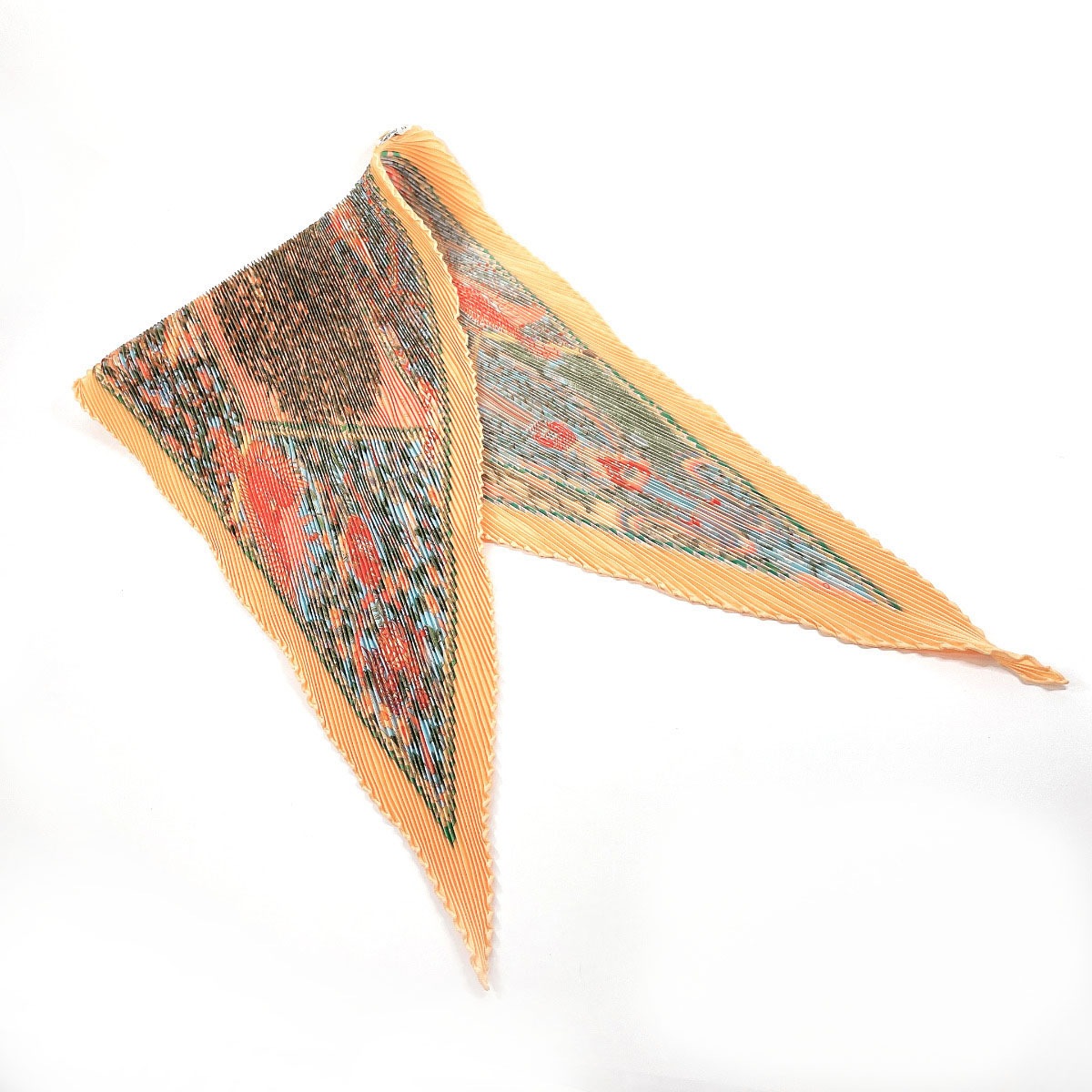 世界の中心軸 Axis Mundi プリーツ カレ スカーフ オレンジ シルク レディース