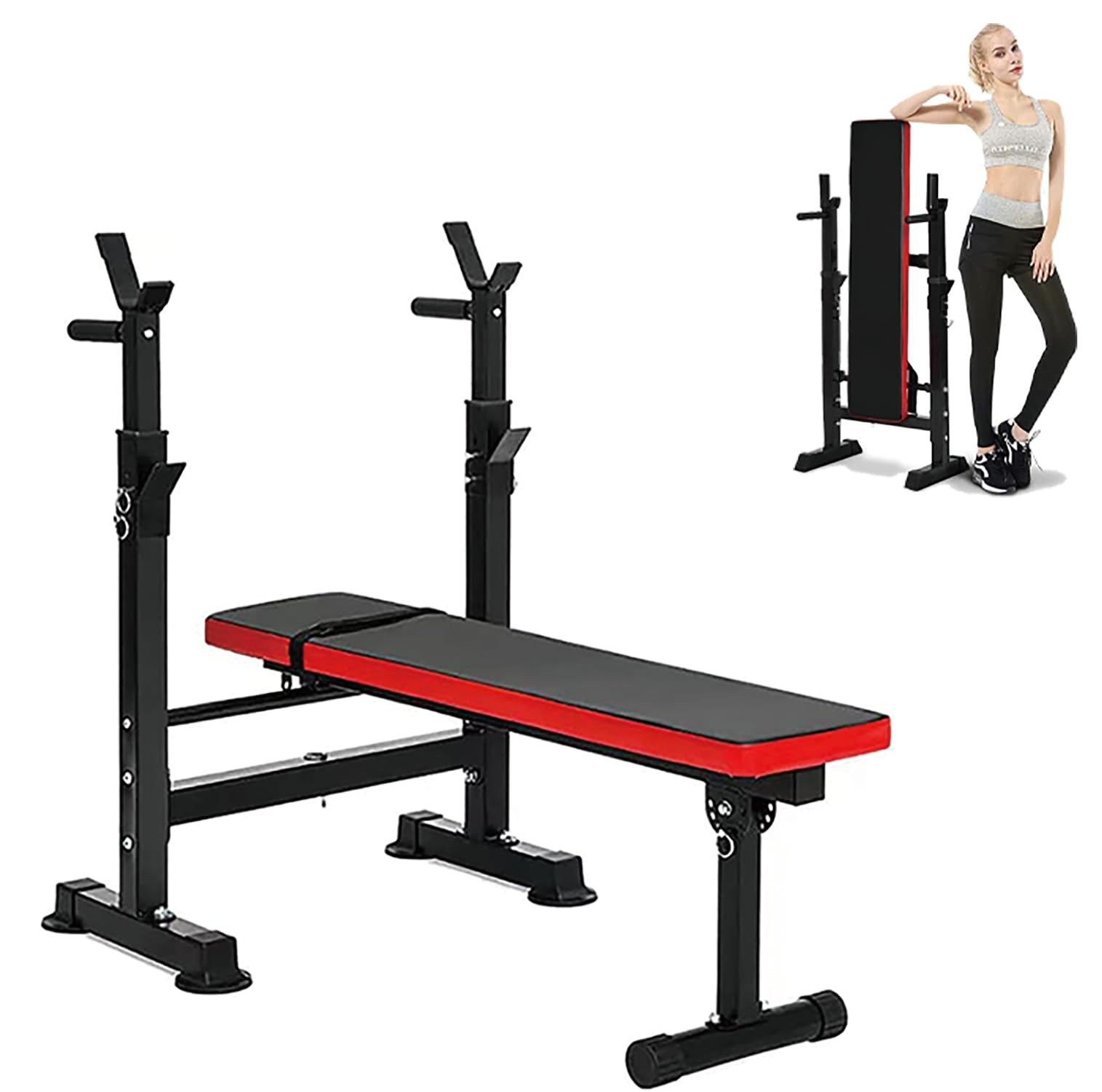 ベンチプレス 折り畳み トレーニングベンチ スクワットラックベンチ 腹筋台 耐荷重200kg バーベルスタンド 収納便利 多機能 調整可能 筋トレ 省スペース 滑り止め バーベル保護 大腿四頭筋/胸筋