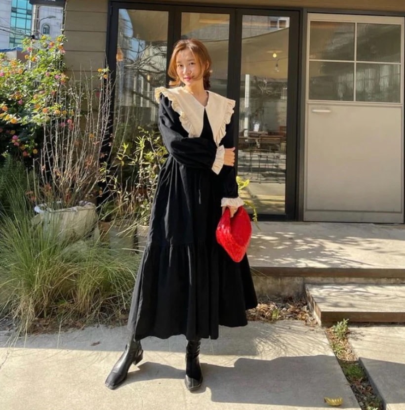 ワンピース ロング ロング丈 袖あり 長袖 Vネック 襟付き Aライン フリル リボン 薄手 かわいい 大人可愛い きれいめ シンプル カジュアル 大人 上品 おしゃれ お洒落 大人可愛い 大人女子