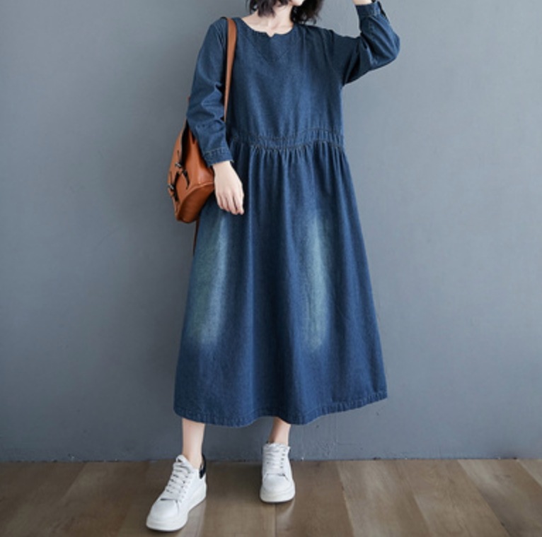 ワンピース デート かわいい 大人可愛い きれいめ シンプル カジュアル 大人 上品 おしゃれ デニム 無地 フレア 長袖 ウエストマーク 襟なし 休日 公園 マタニティ ママ 楽ちん 体型カバー