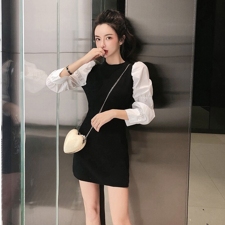 ワンピース レディース ドッキングワンピース ニットベスト ミニ丈 膝上 袖あり 長袖 パフスリーブ きれいめ かわいい カジュアル デート 学生 無地 異素材ミックス ドッキングワンピース ブラック