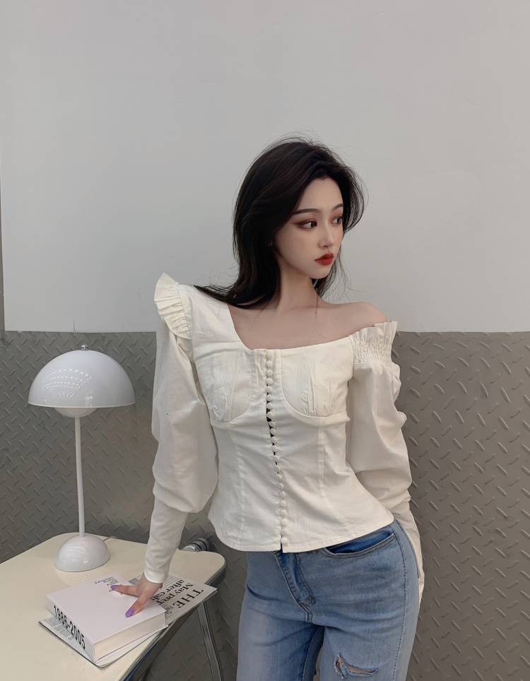 ブラウス レディース ワンショルダー 長袖 萌袖 パフスリーブ スリム 細身 フリル 前開き コルセット風 大人可愛い クール きれいめ お洒落 クラブ お出かけ パーティー イベント 白 S M L 5,029円