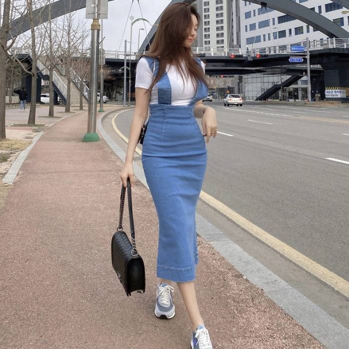 デニムサロペット サス付 デニム ペンシルスカート タイト ハイウエスト ミモレ丈 ロング スリムフィット 細身 ブルー ジーンズ生地 バックスリット 脚長 シンプル カジュアル セクシー 大人